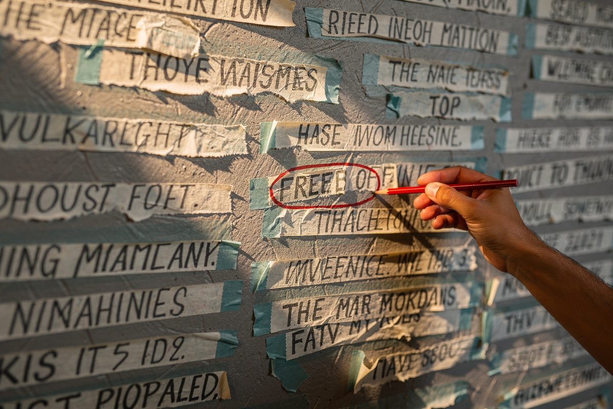 A hand circling one finalist name on a wall covered in candidate business names.