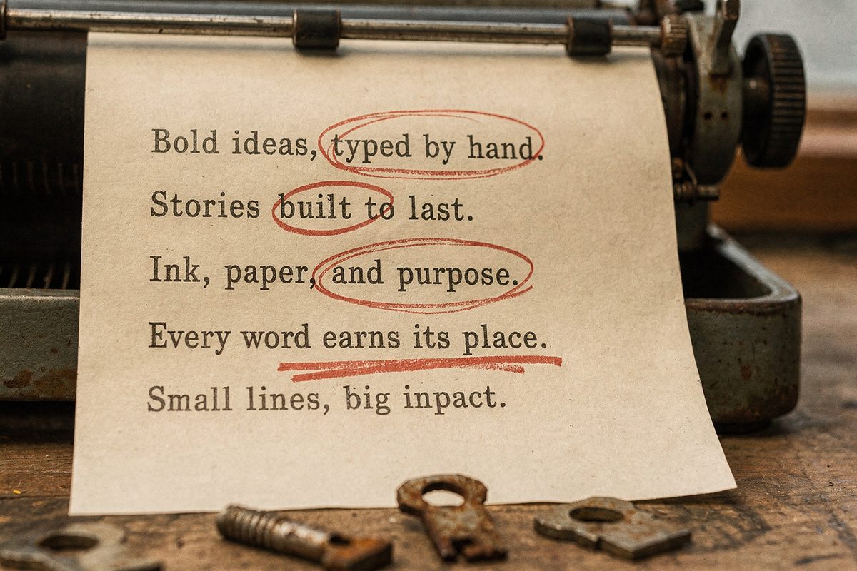 A typed page of tagline options with red pen marks circling the two survivors.